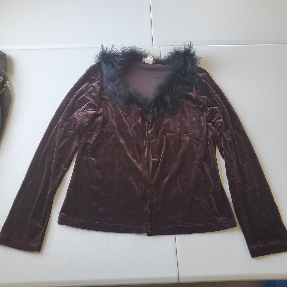 Y2K Whimsigoth Fairy Grunge Top Womens XL Brown Velvet Faux Fur Trim Long Sleeve